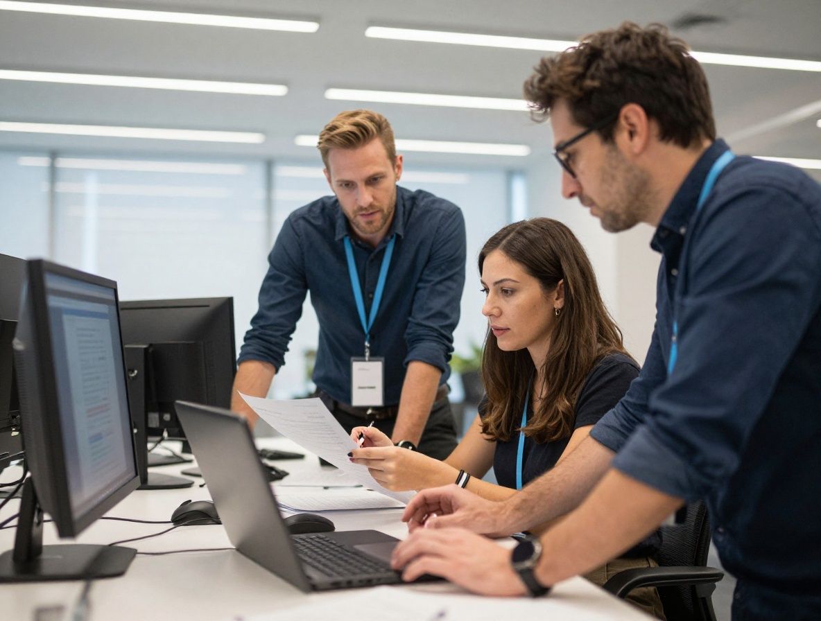 Modernes, lichtdurchflutetes Büro mit einem Team, das gemeinsam an einem großen Monitor Daten bespricht, aufgenommen in einer offenen Arbeitsatmosphäre