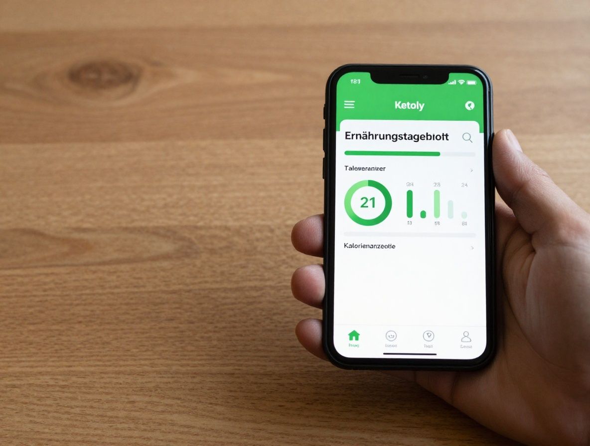 Smartphone mit der Ketoly App geöffnet, die ein Ernährungstagebuch mit grünen Balken und Kalorienanzeige zeigt, auf einem hellen Holztisch