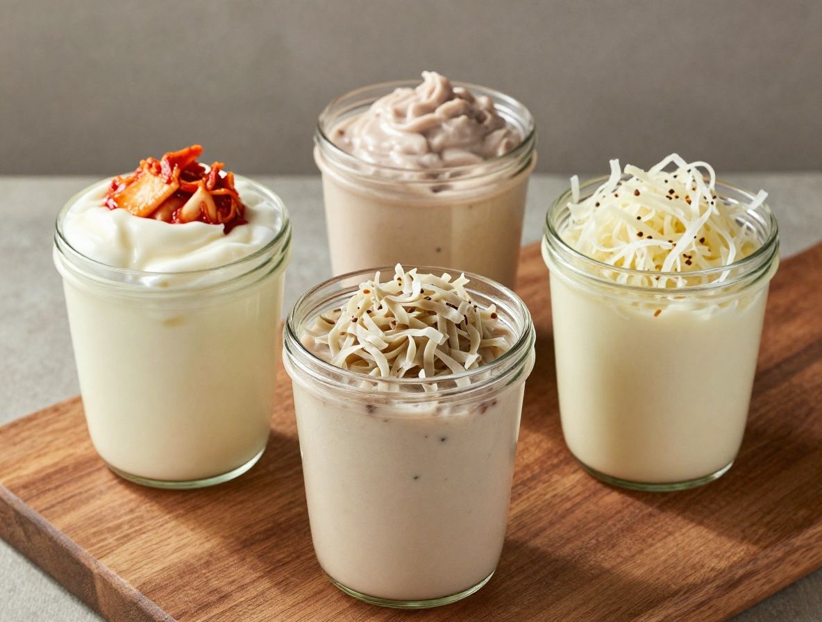 Verschiedene fermentierte Lebensmittel in Glasgläsern auf einem Holztisch: Joghurt, Kimchi, Kefir und Sauerkraut in natürlichem Tageslicht