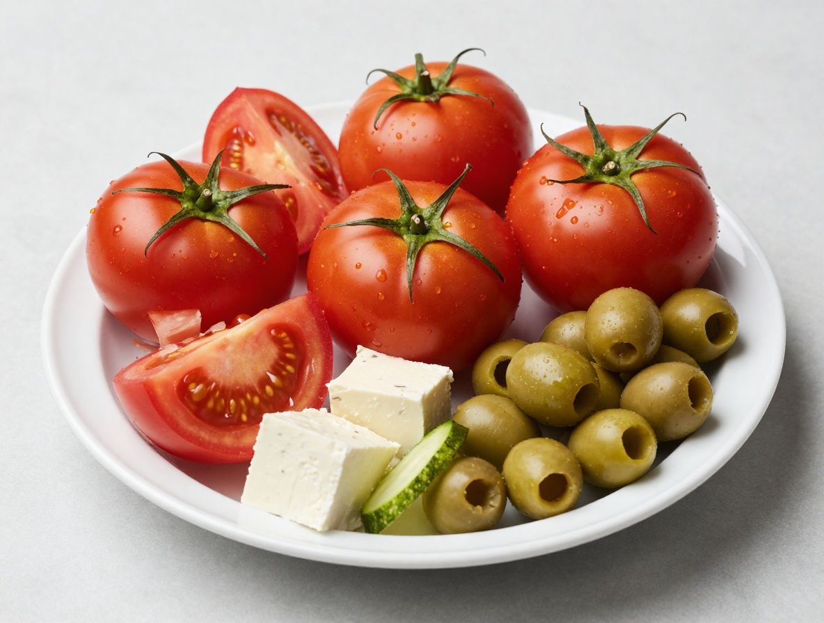 Bunte mediterrane Salatschüssel mit Tomaten, Gurken, Oliven, Feta-Käse und frischen Kräutern auf einem weißen Teller, von oben fotografiert