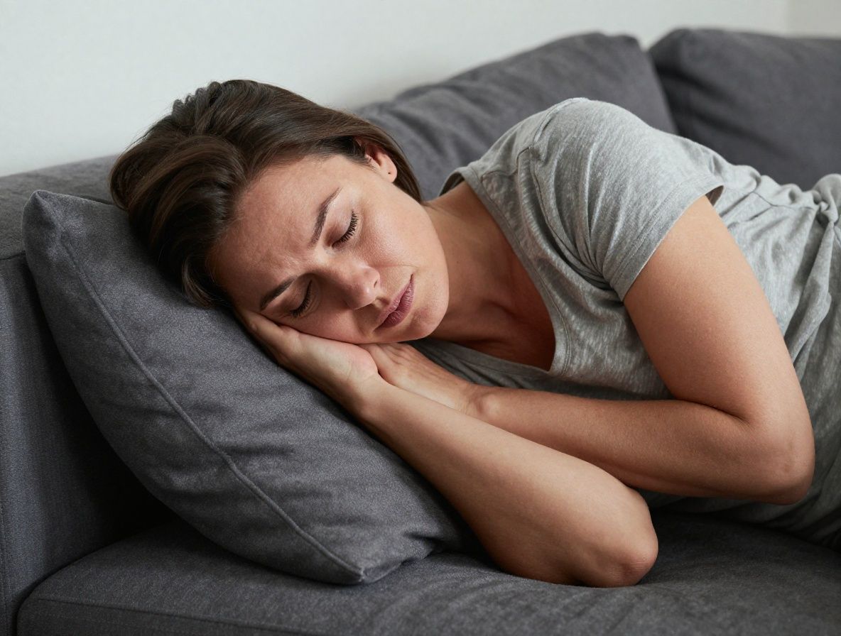 Frau liegt erschöpft auf einem Sofa, hält sich die Hand an die Stirn, schlechtes Tageslicht, symbolisiert chronische Müdigkeit und Beschwerden