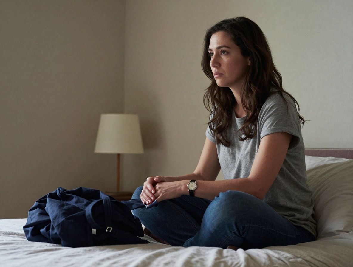 Nahaufnahme einer Frau, die nachdenklich auf einem Bett sitzt, in einem hellen Schlafzimmer, symbolisiert innere Unruhe und Körperwahrnehmung