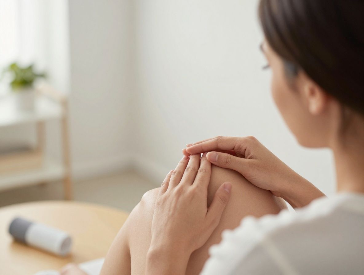 Nahaufnahme einer Frau, die ihre Hand auf den Bauch legt, in einem hellen minimalistischen Schlafzimmer, als Symbol für Darmgesundheit und Wohlbefinden