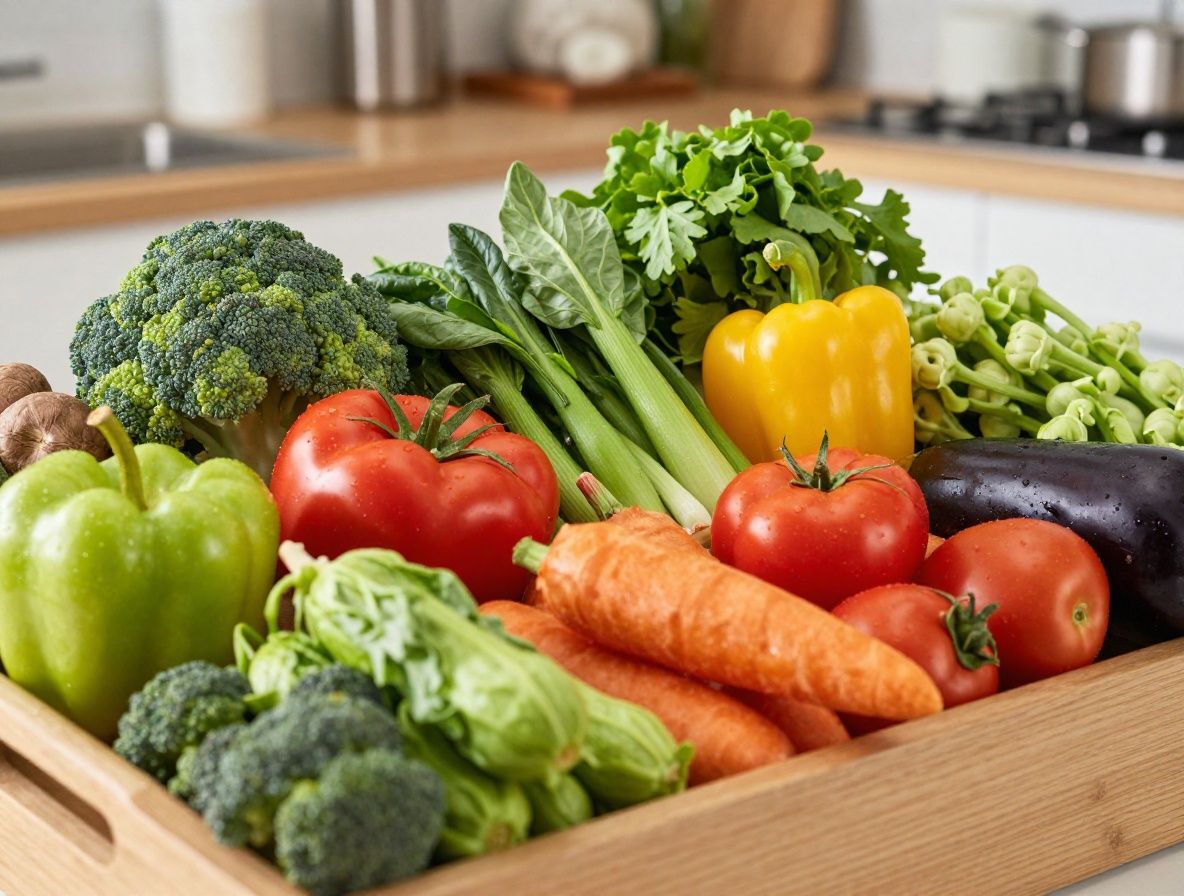 Frische, bunte Gemüse- und Obstsorten auf einer hellen Küchenarbeitsfläche, die gesunde Ernährung symbolisieren