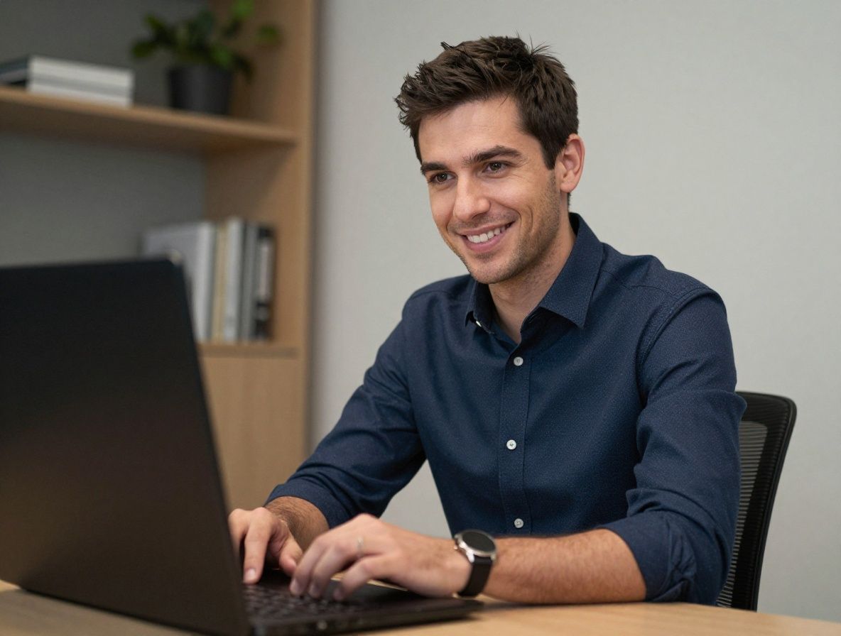 Porträt eines Mannes Anfang 30 mit kurzem dunklem Haar und Hemd, professionell und freundlich in einem modernen Büro