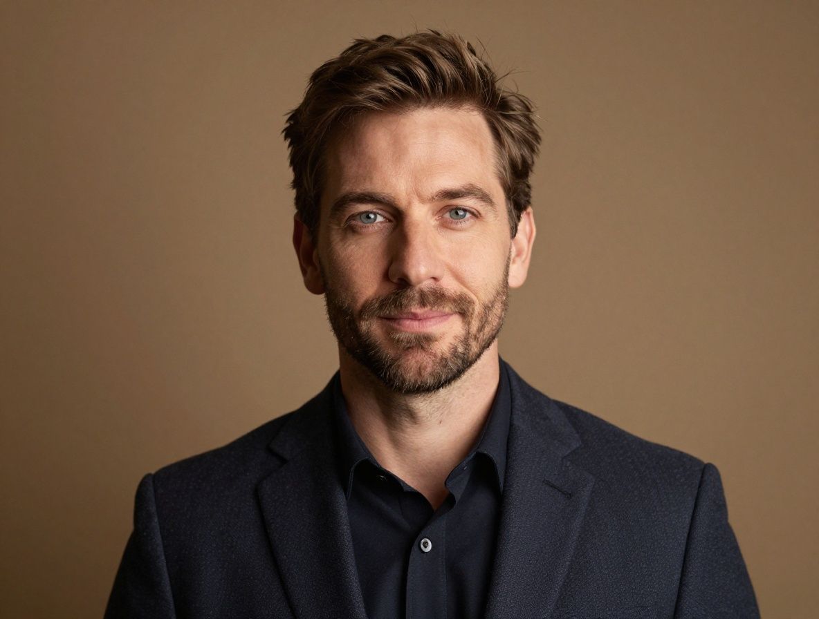 Porträt einer Frau Ende 30 mit hellen Haaren und Blazer, in einer professionellen Umgebung mit warmem Licht